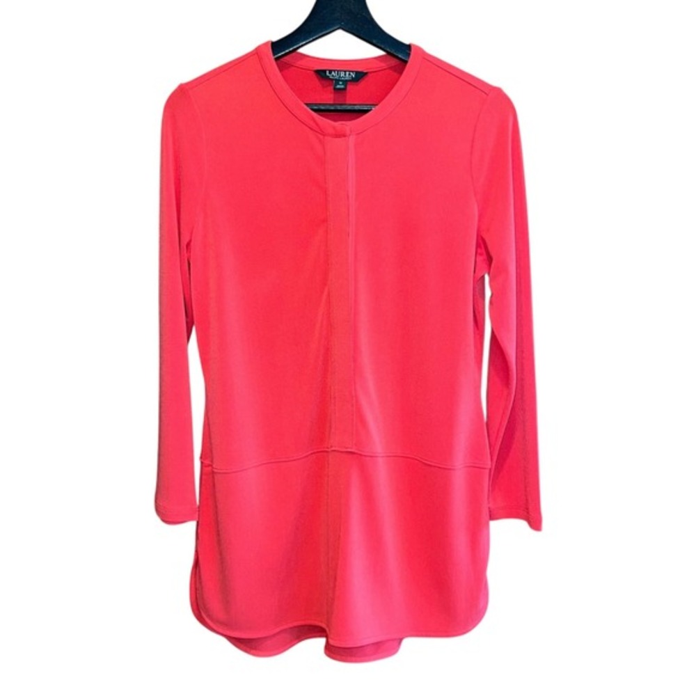 Lauren Ralph‎ Lauren Coral Red Long Sleeve Button Front Tunic Top Womens M